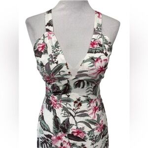 Sim & Sam’s Maxi Dress with Hibiscus Tropical Print Cross-Strap tie Back-S